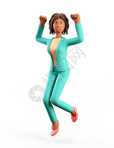 渲染美国人积极的3D插图快乐的非洲女跳跃庆祝成功卡通Cartoon成功赢得美丽优雅的女商人穿着绿色西装手举在空中孤立白色背景上图片
