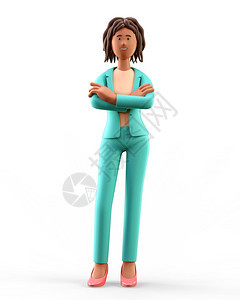 叉三维3D插图非洲女持站立横穿一幅卡通画像带着绿色西装微笑的优雅女商人孤立在白色背景上发型女士图片
