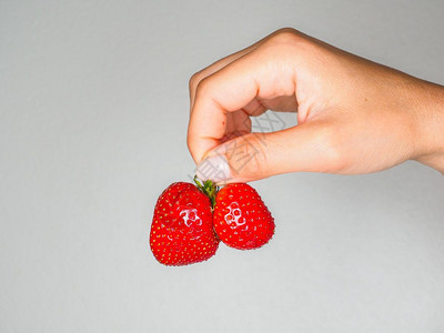 水果叶子在灰色背景中与隔离的持有新鲜红草莓的女绿色图片