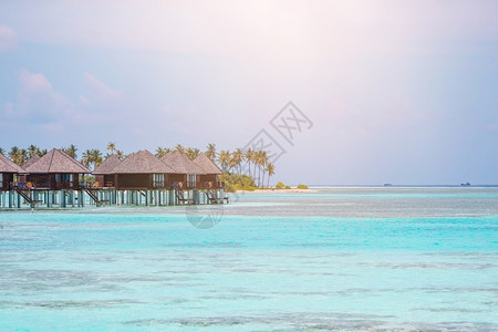 旅游喜怒无常马尔代夫的热带海滩蓝色环礁湖中含水草的马国热带海滩尔代夫天堂海滩美丽的棕榈树和喜悦的天空暑假旅行期背景概念马图片
