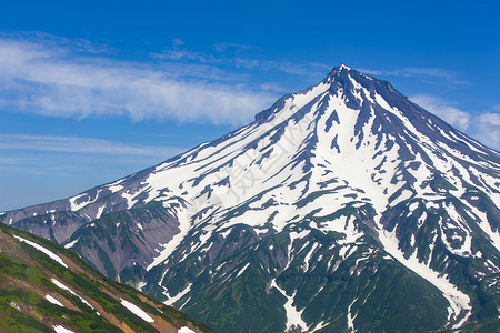 森林美丽积极的在阳光明媚夏日即堪察卡半岛火山喷发着雪覆盖Viluchinsky图片