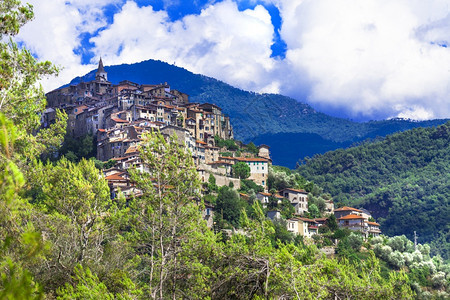 自然杏子意大利语传统的中世纪山丘顶峰村意大利borgo村利古里亚的Apricate图片