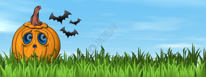 伤心橙美丽的日子里在飞行蝙蝠旁边的草地上悲伤万圣节南瓜脸3D渲染悲伤的万圣节南瓜脸渲染抽象的图片