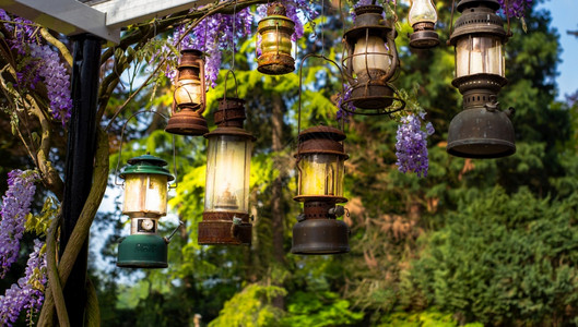 发光的浪漫蜡烛灯笼挂在大自然的花园复古灯中时尚的董装饰与五颜六色的花朵美丽发光浪漫蜡烛灯笼悬挂在大自然的花园复古灯中时尚的董装饰图片