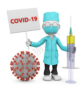 一种大流行蒙面医生拿着一个牌子上面写着COVID19在3D的冠状旁边疾图片