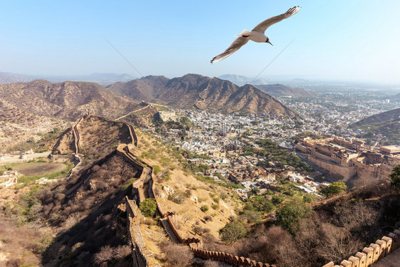 历史的亚美尔风景优贾伊普尔航空全景对阿迈尔区观测Amer地区Jaipur空中全景对Amer区视图图片