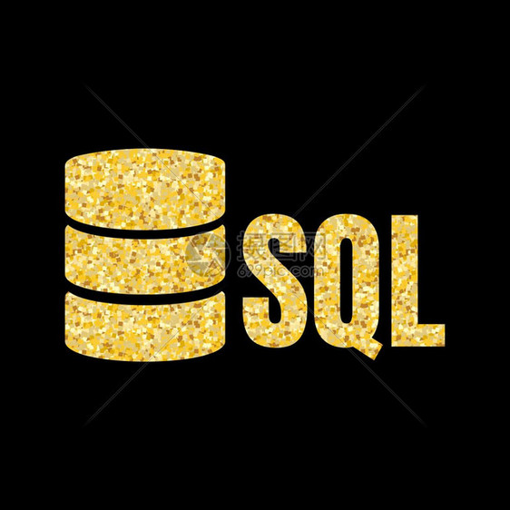 黑暗的SQL数据库图标志设计UI或UX应用程序SQL深黑色背景上的金铭文网站技术图片