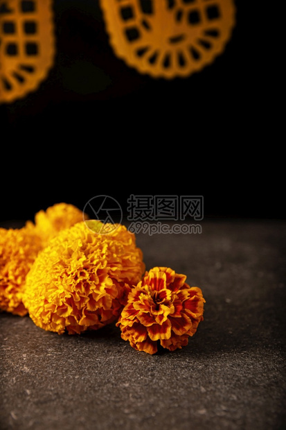 奥伦达直立Cempasuchil橙色花朵或MarigoldTagetesbuinga和PapelPicado传统用于庆祝墨西哥死图片