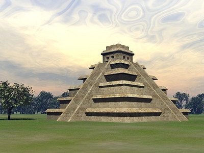 绿色草地上的玛雅金字塔日光下树木环绕废墟寺庙经过图片