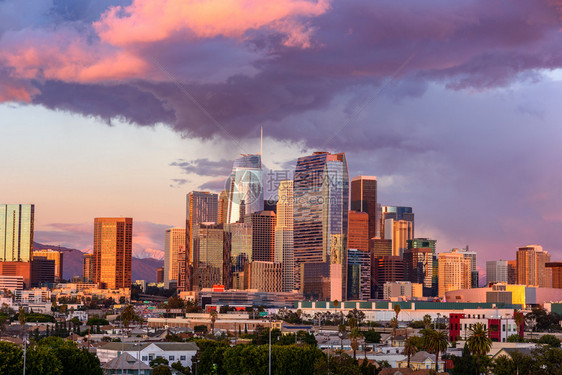 洛杉磯市中心在阳光明媚的白天摩大楼际线都会美国建筑物图片