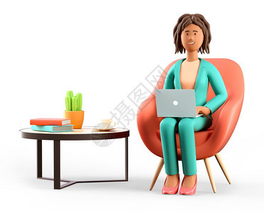白色的社会黑3D插图微笑着快乐容的美籍女笔记本电脑坐在手椅上Cartoon高雅女商人在办公室工作场所与现代咖啡桌茶杯书和工厂图片