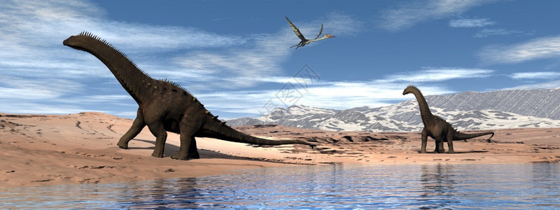 环境在湖边和平行走的阿拉莫龙恐和在克查尔科阿特卢斯下飞行3D使阿拉莫龙恐靠近湖边行走3D绿色科学图片