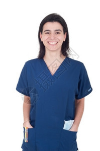 工作专业的一位微笑年轻女医生肖像她被白色背景孤立关心图片