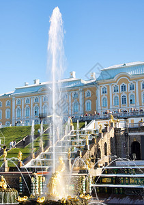 俄罗斯彼得霍夫2019年5月彼得霍夫宫和下公园的大瀑布月彼得霍夫宫和下公园的大瀑布凡尔赛宫降低旅游图片
