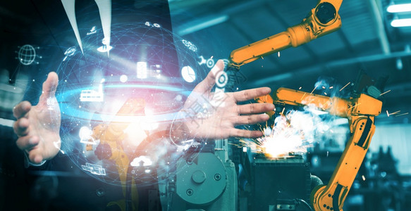 控制虚拟的机械化工业器人手臂和工厂双曝光业革命和自动化制造过程的机器人技术概念械化工业器人手臂和工厂双曝光图片