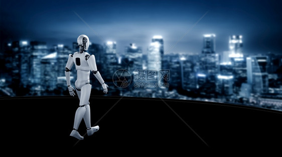 战略3D说明机器人类期待与城市景象天线相对立领导力思想和愿景的概念未来发展人工智能AI3D说明机器人类展望城市景象天线的构想说明图片