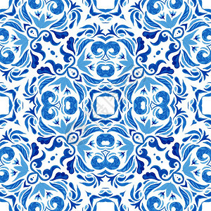 华丽的无缝装饰水彩色形态织物和壁纸背景页面的古老传统纹理填充Azulejo瓷砖的设计风格Araweesque瓷砖抽象无缝装饰水花图片