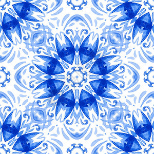 颜色蓝手和白绘制的瓷砖无缝装饰水彩色涂料图案Gorgeousazulejo详细背景Masaliondamask瓷水彩画花板图案抽图片