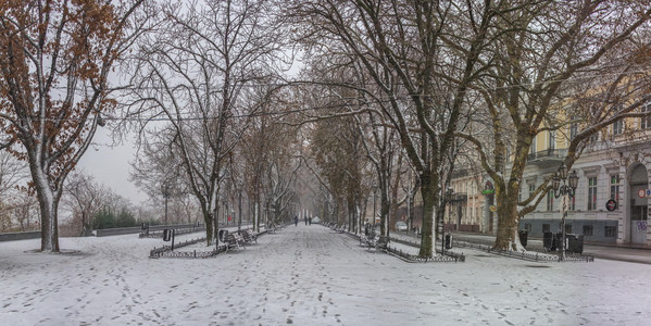 城市景观乌克兰敖德萨1208乌克兰敖德萨滨海大道上的雪天早晨乌克兰敖德萨的雪天早晨全景已恢复欧洲图片