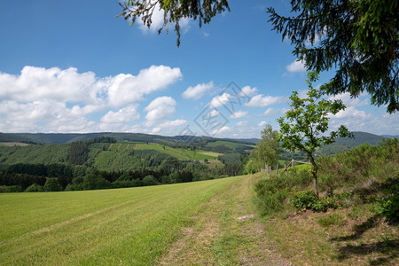 施马伦贝格风景优美靠近温特堡的Sauerland地区的全景图象通过德国绿草地沿一条小路徒步旅行户外图片