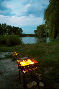 火焰木头在烤架上烧夜木柴准备煎肉在湖边烤炉中烧的晚柴火附近在湖边做煎肉的准备靠近图片