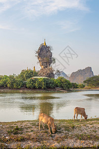 位于缅甸HpaAn市湖中央的KyautKaLattPagoda宝塔宗教旅游图片