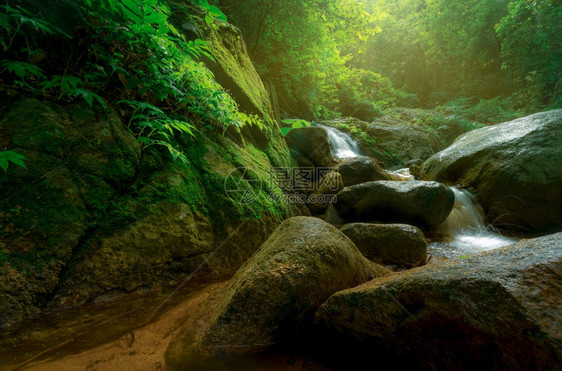 生态旅游林中美丽的瀑布在热带森林中充满绿树和阳光的热带森林中瀑布降水在丛林中流淌自然背景在泰国的绿色季节旅行蒸汽国民图片