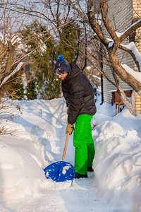 大雪后铲雪的男人图片