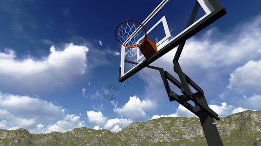 目标以3D软件制成的蓝天空街头篮球板初级蓝色的图片