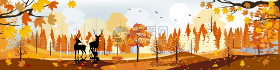 美丽的秋天森林全景美观阳光明媚的日照亮矢量说明秋天风景山和与雨鹿家庭一起落下的树叶自然背景明亮的草地插图图片