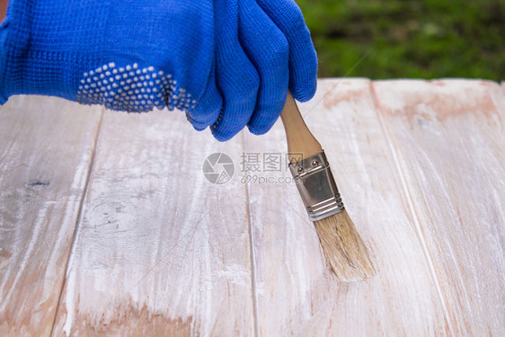 男人在白色油漆表面上涂色板给木漆色木头技术弄脏图片