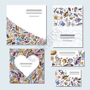 一套独特的明信片印有贝壳的名片海洋动物印刷彩色手绘矢量插画板套装的纸牌版样板收藏礁食物图片
