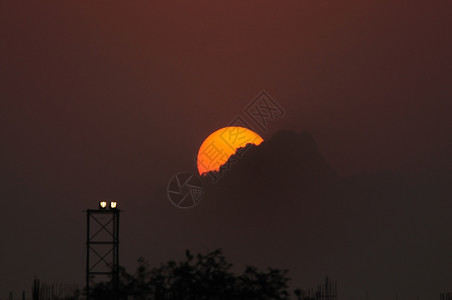 晚上美丽的在一个热带棕榈树上升起的太阳日出图片