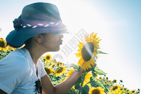 戴帽子的妇女亲吻向日葵花植物场地时尚年轻的图片