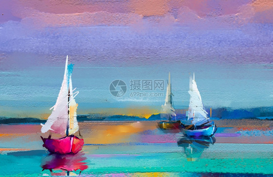 现代的绘画图纸上多彩油画描绘海景的印刷主义形象有阳光背景还现代美术油画和船只海上帆当代艺术作为背景运动质地图片