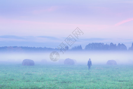 环境有雾常设日落时一个孤独的女子在雾田中与干草堆一起离去的休眠图片