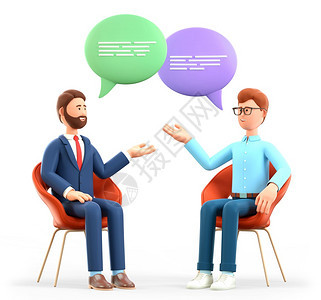 3D说明两个男人见面和与演讲泡沫交谈的男子坐在椅上讨论成功伙伴关系心理咨询支持会议的快乐商人物并讨论成功的伙伴关系支持会议治疗提图片