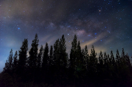 景观旅游夜晚PhuSawaan水库Phitechaburi山地貌的银河系星宇宙中的尘和空间灰以及夜在松树上的Zodiac灯光风云图片