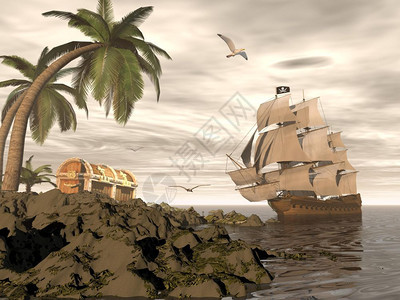 经过帆船赛数字的悬挂黑色JollyRoger船旗的海盗只在洋上漂浮面和岛屿上显示宝箱通过阴云的日落展示着宝盒背景图片