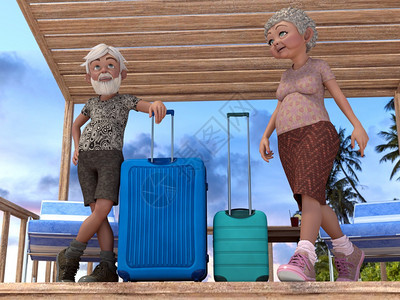 两名长者和行李在海滩上可以看到海日落3d渲染两名长者和行李在海滩上可以看到海日落旅行自然宁静图片