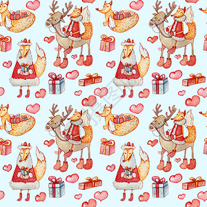 生姜无缝模式一只狐狸骑鹿行走和躺着的狐狸带礼物和红心水彩圣诞人物在蓝色背景上打印说谎图片