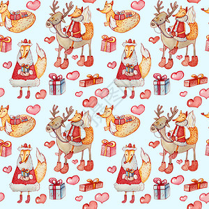 生姜无缝模式一只狐狸骑鹿行走和躺着的狐狸带礼物和红心水彩圣诞人物在蓝色背景上打印说谎图片