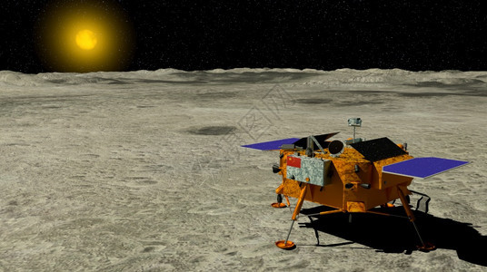 金属未来派登陆人长阳4号月球探测器于2019年月3日降落在球表面三维背景图解的太阳下图片