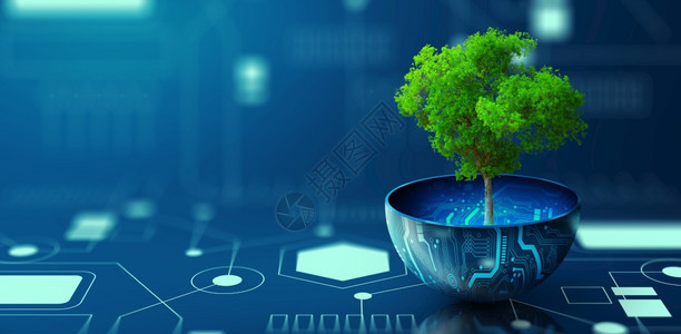 电脑工程企业社会责任绿色电子计算技术ITCsr和信息技术伦理概念在数字植物锅上种树木生态技术与融合图片