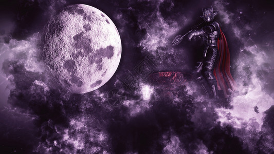 战斗机精神月亮背景下塔上云中战士的3D渲染月亮背景下塔上战士的渲染争图片