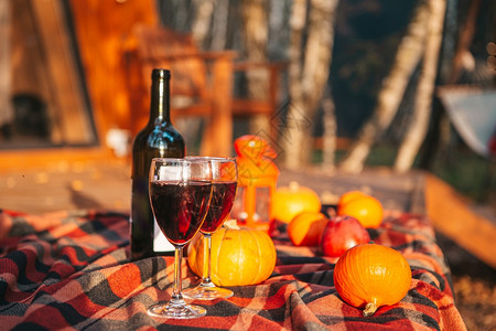 变化毯子上有两杯红葡萄酒和一瓶毯子上有两杯眼镜彩色明亮的布料天然番皮饭和一瓶红酒毯子上还有两杯眼镜乡村红色的图片