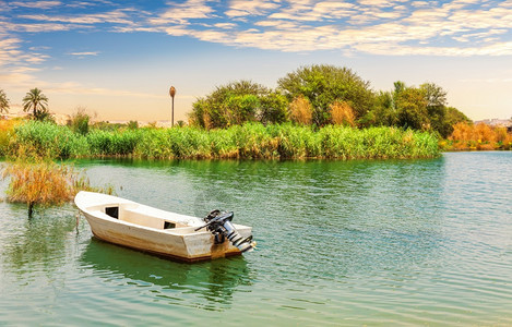 埃及阿斯旺附近美丽的绿岸尼罗河沿的摩托艇传统运输埃及人图片