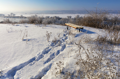 下雪的圣诞节乡村冬季风景阳光明媚的白天鲜雪中脚印导致在河岸高上的木板凳子在寒冬日光亮的天农村季风景上站在河岸高上的木板凳子图片