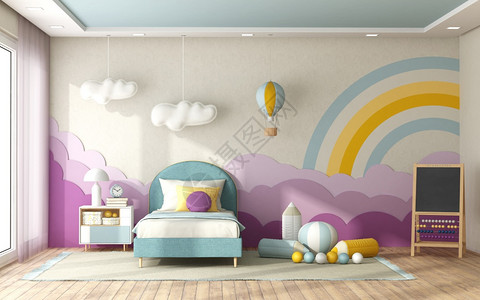 热的现代儿童卧室单张床背景墙壁上装饰面糊和3D色的单床衣物儿童卧室背景墙上装饰白色的图片