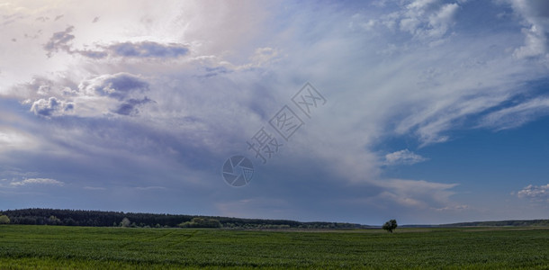 美丽的在农业田地上观光全景天空在荒凉的日落天空中戏剧乡村风景与大麦田上的雷鸣云图片